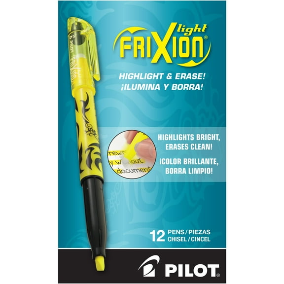 Pilot FriXion Light Erasable Highlighter, Chisel, Yellow, 12 Count