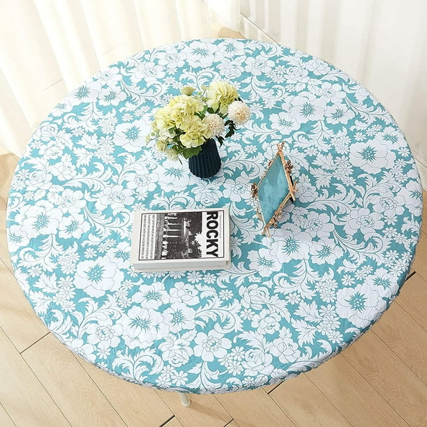 Jilimeli Vinyl Elastic Table Cover With Flannel Backing For Round Reusable And Waterproof Blue Fl Design 40 To 44 Inch Fitted Tablecloth Indoor Outdoor Dining Com 44 Inch Round Fitted Tablecloth, 40 Inch Round Tablecloth