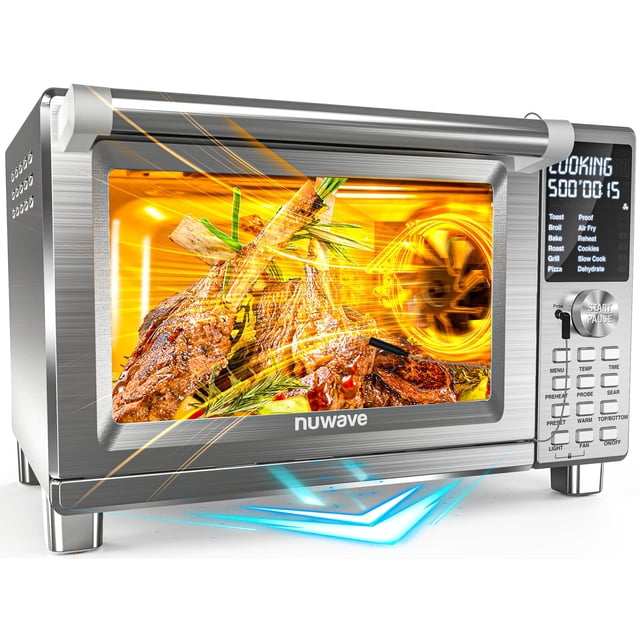 Nuwave Bravo XL Pro Air Fryer Horno tostador con parrilla combinada, nuevo sistema de convección ultrarrápido 2025, 35% más crujiente, 2 veces más uniforme, 142 ajustes preestablecidos, 50-500F, sonda