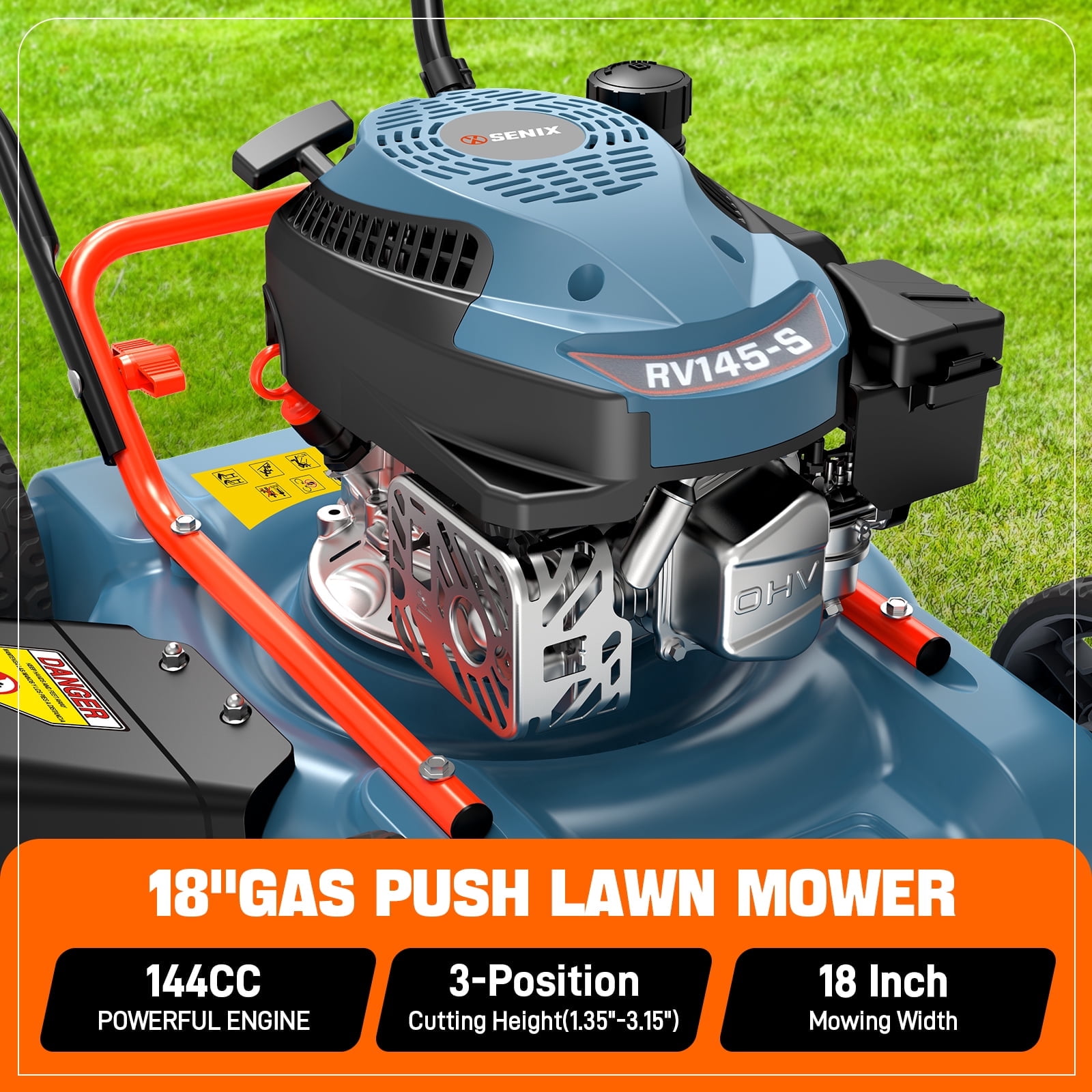 SENIX Gas Lawn Mower, 18in Cutting Blade / 19in Cutting Deck, 144cc 4-Cycle Engine Push Mower with Side Discharge