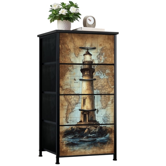 Dresser for Bedroom with 4 Storage Drawers Vintage Lighthouse World Map Ocean Waves Dressers Chest of Drawers Steel Framed Fabric Closet Organizers for Dorm Entryway