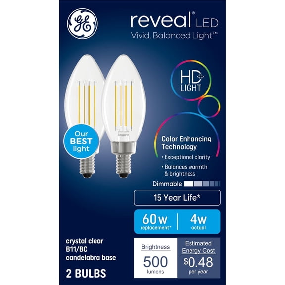 Reveal LED Light Bulbs, Candle Lights, 60 Watts, Clear Decorative B11 Bulbs, Small Base (2 Pack)