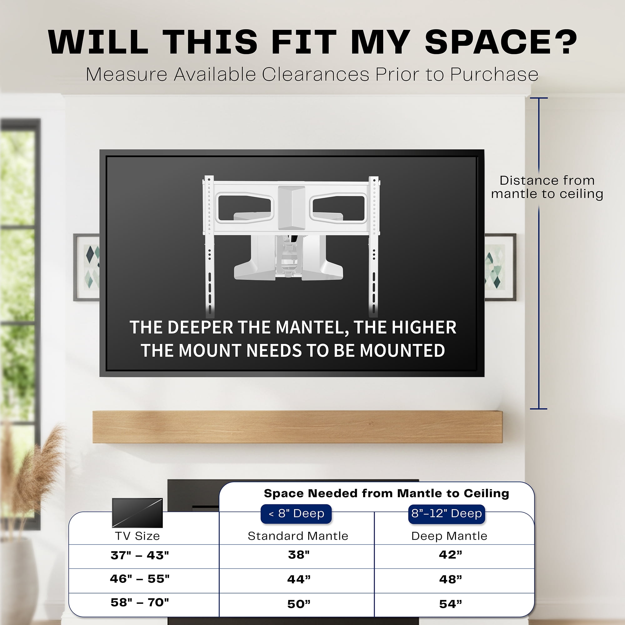 VIVO White Electric Adjustable TV Above Fireplace Mount for 37" to 70" Screens