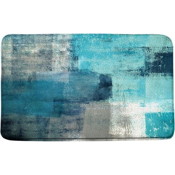 Teal Blue Bath Mat Abstract Art Turquoise Grunge Paint Brush Contemporary Modern Painting Rustic Vintage Artwork Floor Mat Bathroom Mat Bath Decoration Rugs 36"x24"
