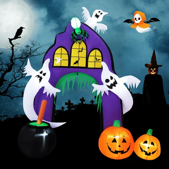 Costway 9 Ft Tall Halloween Inflatable Castle Archway Decor w/ Spider Ghosts &Built-in Lights