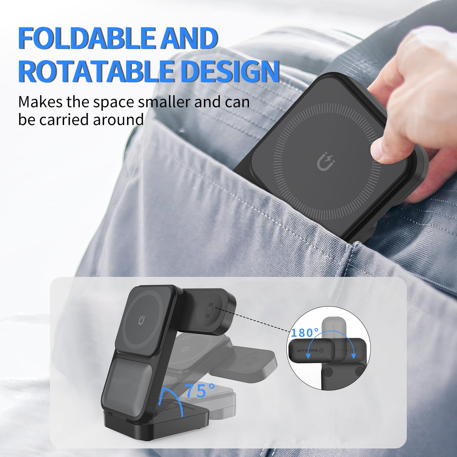 15w Foldable 3-in-1 Wireless Charger Stand for Apple Magsafe Stand for iPhone 16pro Watch Ultra2 (Black)