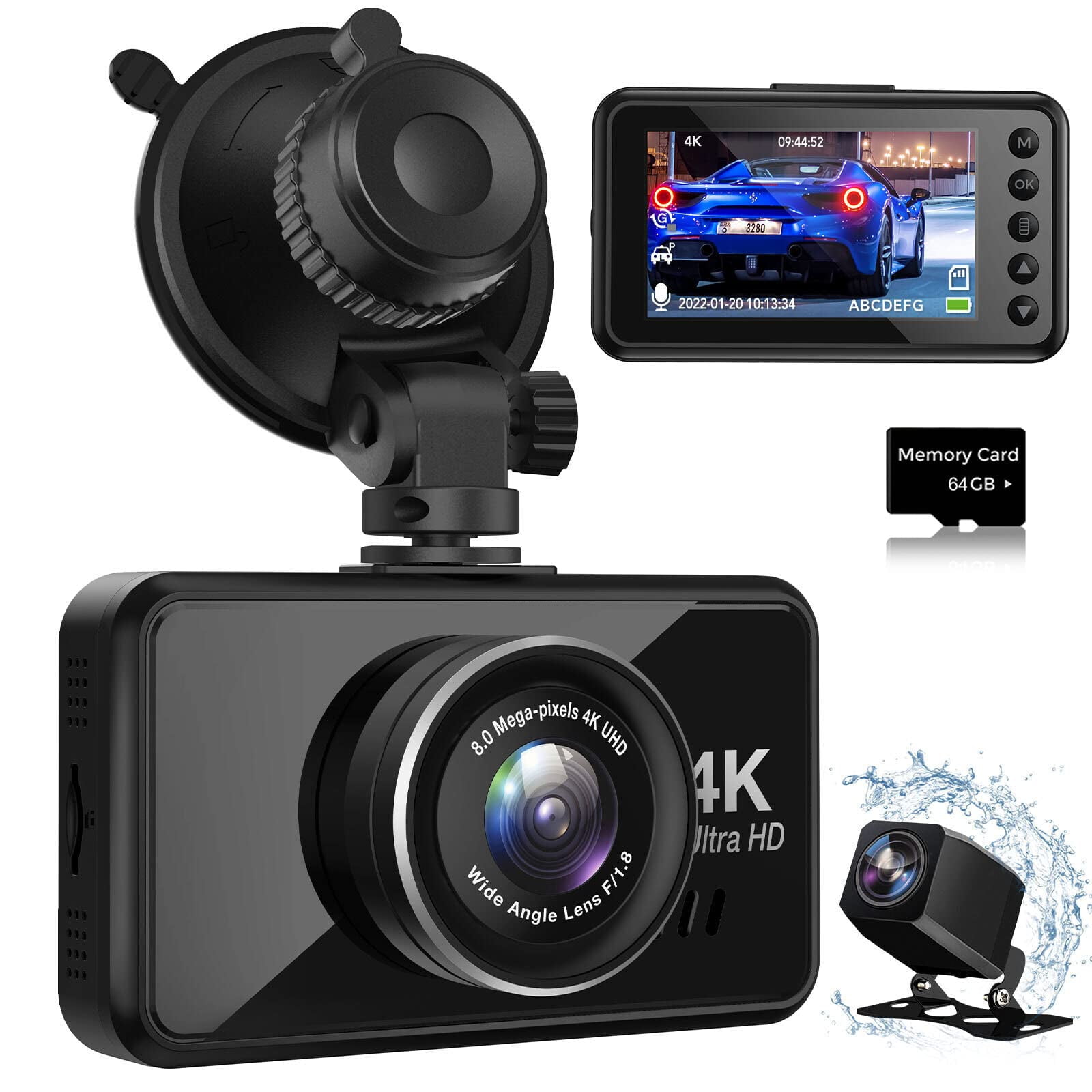 KQQ 4K WiFi Dash Cam Front and Rear 1080P with 64GB Sd Card,3.5 Small Dash  Camera for Cars Dual DashCamera para Carro Driving Recorder,60HZ,App