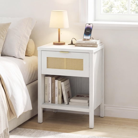 White Rattan Nightstand with Charging Station, Storage Shelf, Drawer, and Open Compartment