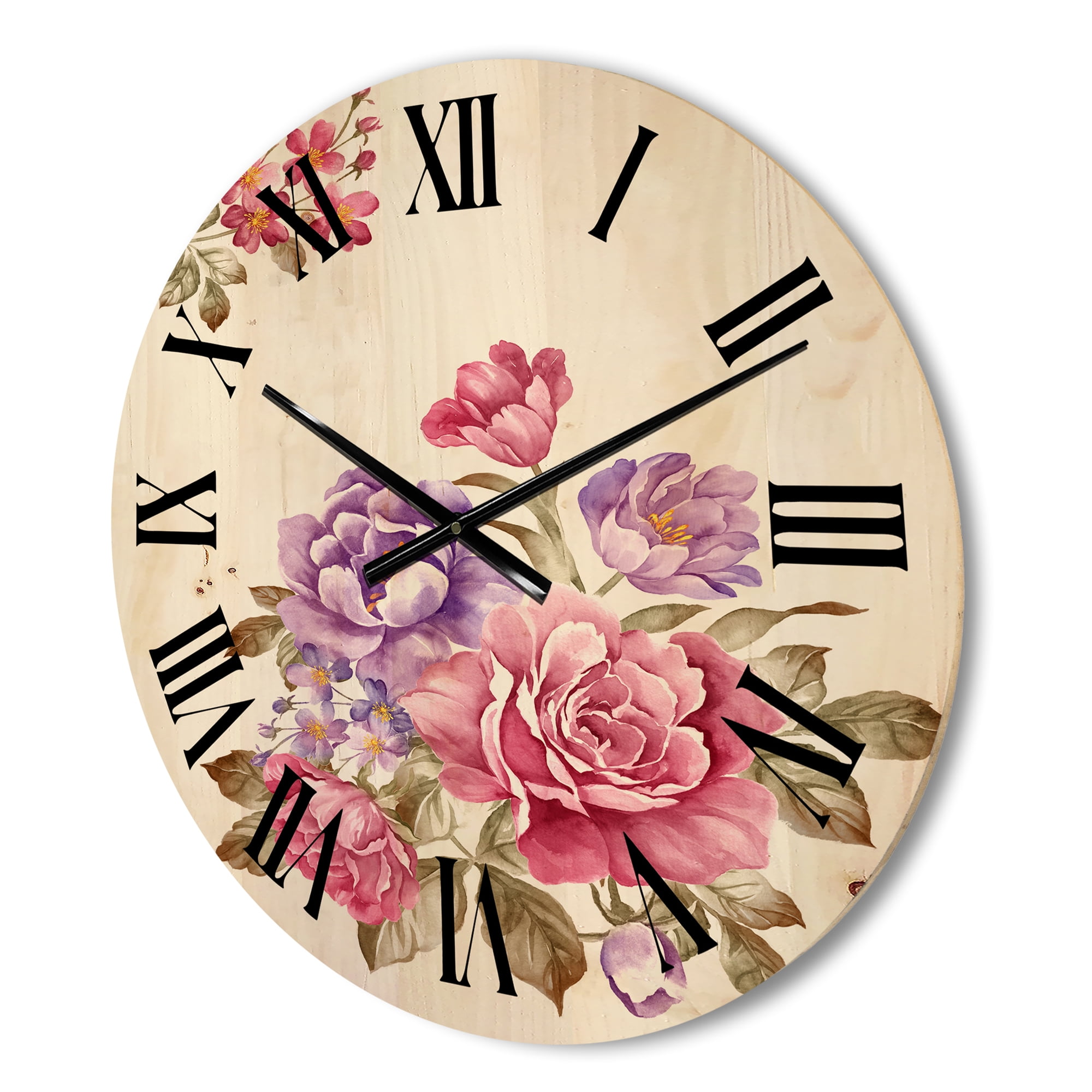 Designart 'Bouquet of Purple and Pink Flowers I' Farmhouse Wood Wall Clock