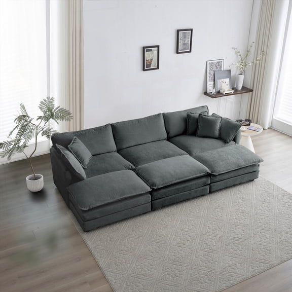 Modern U-Shaped Sectional Sofa with 6 Seats, 3 Ottomans & 5 Pillows, Soft Chenille Fabric, 111.42"x57.44"x33" Ht