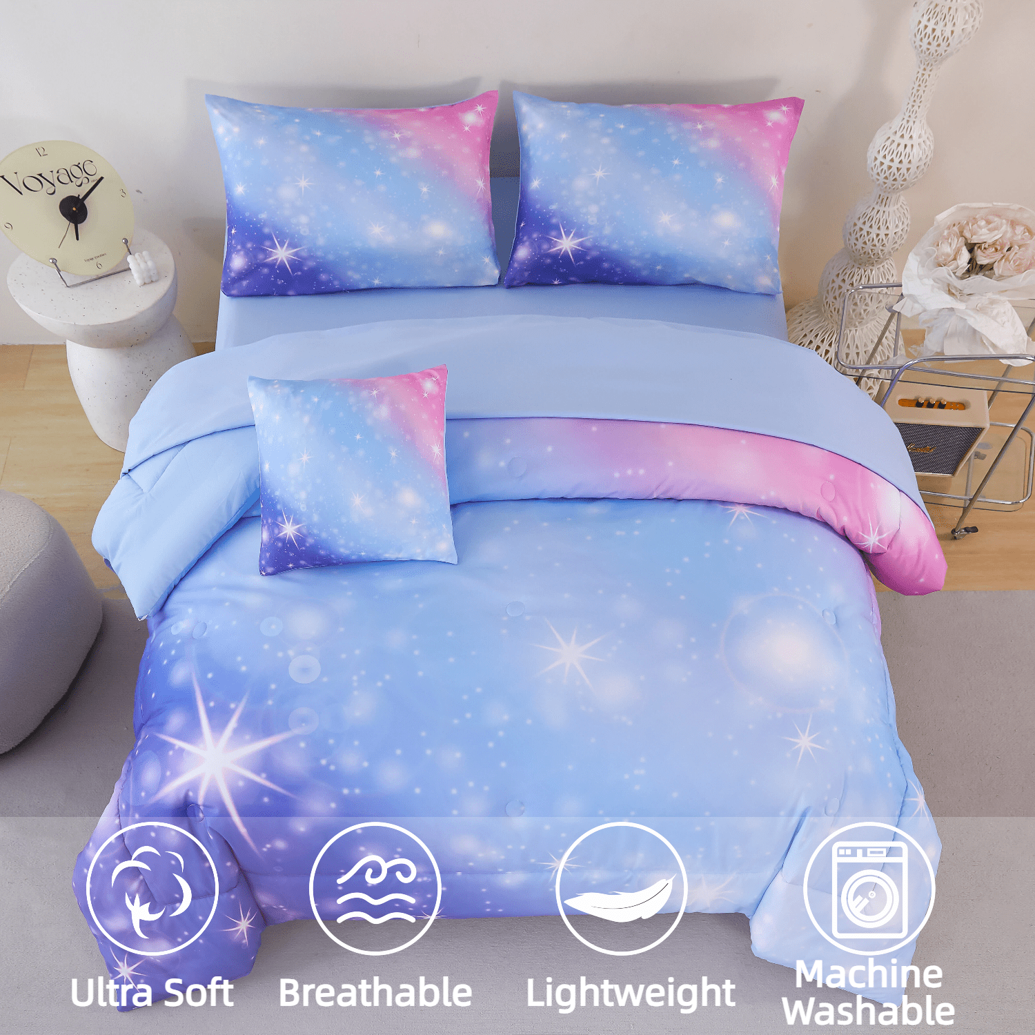 PERFEMET 6 Pieces Blue Girls Twin Galaxy Comforter Set Starry Sky Sparkle Gradient Bedding Set Ultra Soft Bed in a Bag(Blue,Twin)