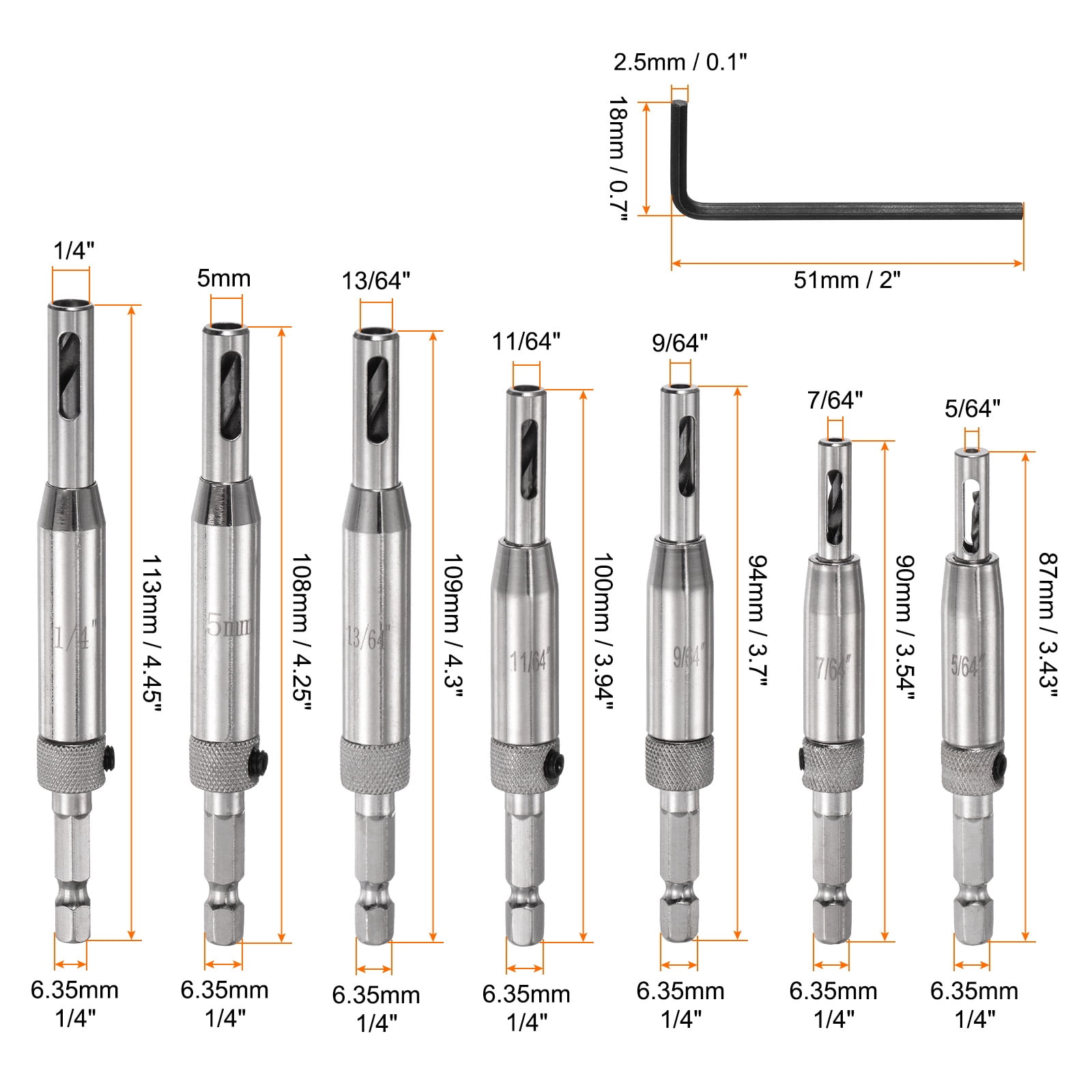 Uxcell 8pack Self Centering Drill Bit Set 5/64-1/4" 5mm, 1/4" Hex Shank Drilling Bits for Wood Working,Hinge , Silver