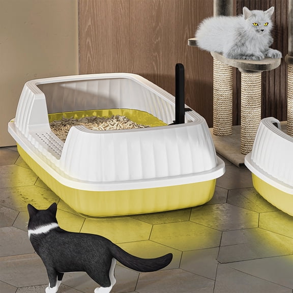 Xvkff Open Cat Litter Box,Semi Enclosed High-Sided Cat Litter Box, Splash Proof Open Top Kitty Toilet Tray, Waterproof Plastic Indoor Litter Pan for Kittens Small Cats Home Use, Yellow