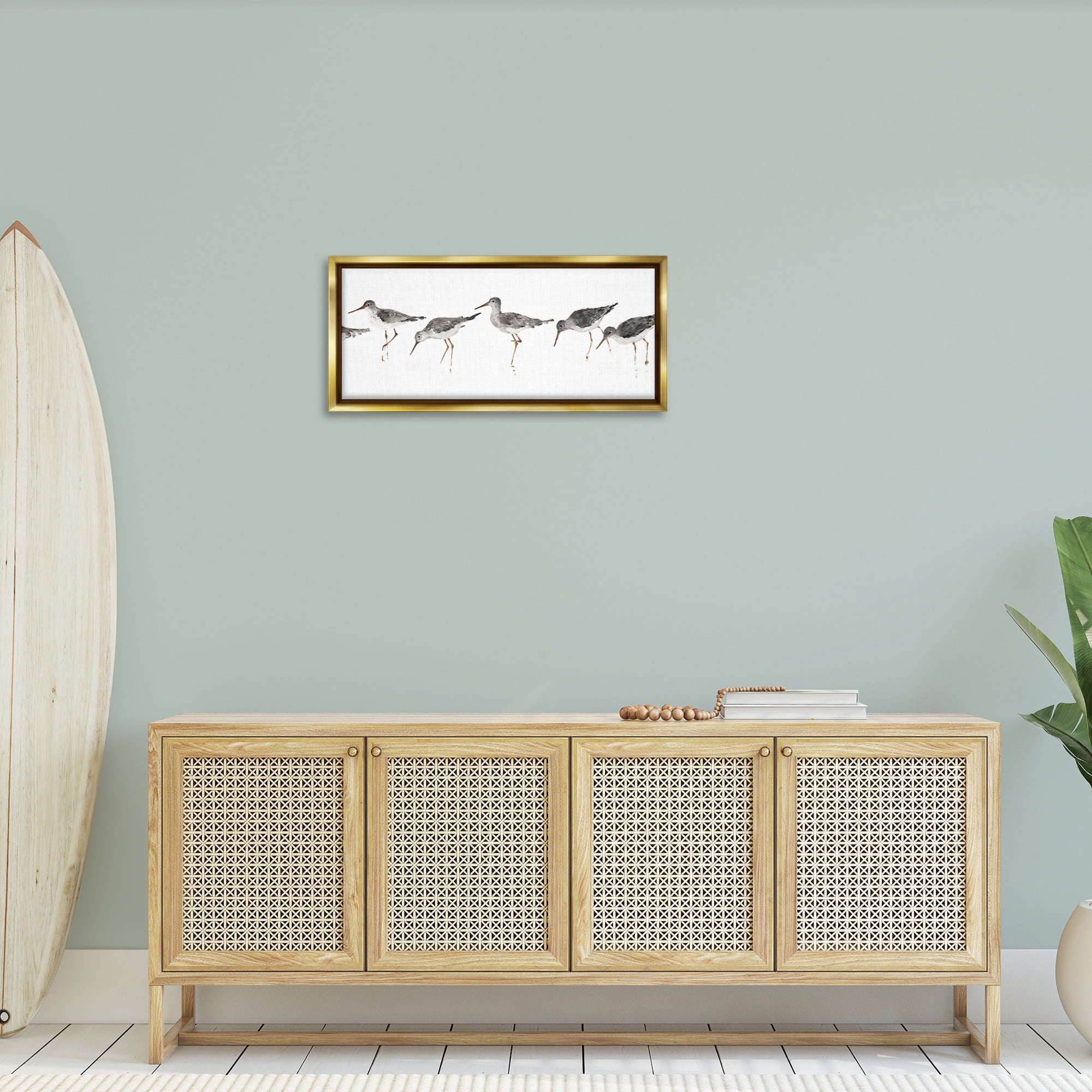 Stupell Industries Minimal Beach Bird Sandpipers Animals & Insects Painting Gold Floater Framed Canvas Art Print Wall Art, 31 x 14