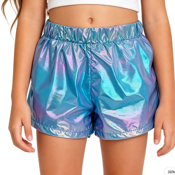 Byoo Little Girls' Shiny Shorts Elastic Waist Metallic Party Shorts Gradient Colors for Carnival Dance Dress-Up Pants,Sky Blue