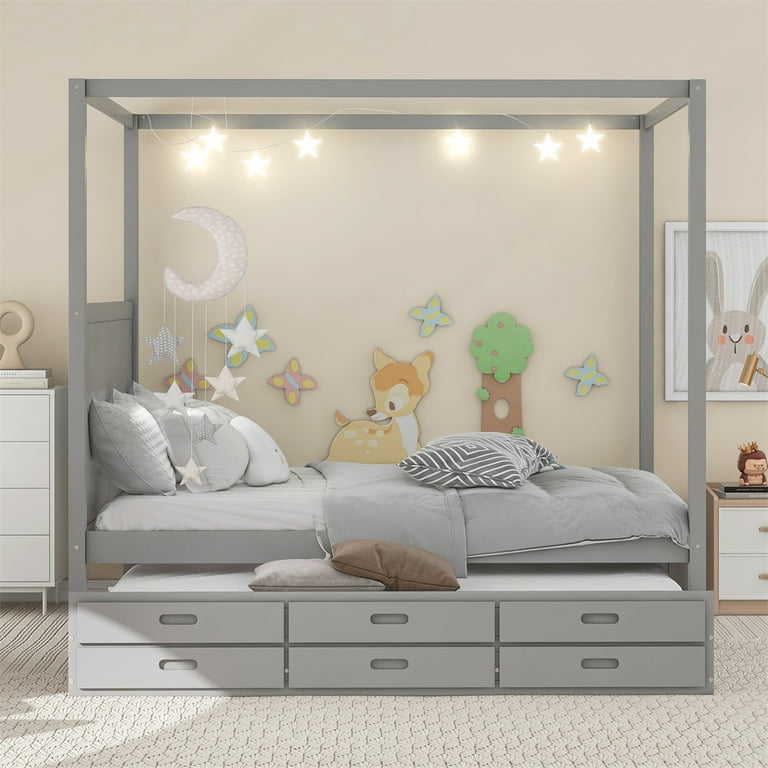Queen Size Canopy Platform Bed with Twin Size Trundle and Three