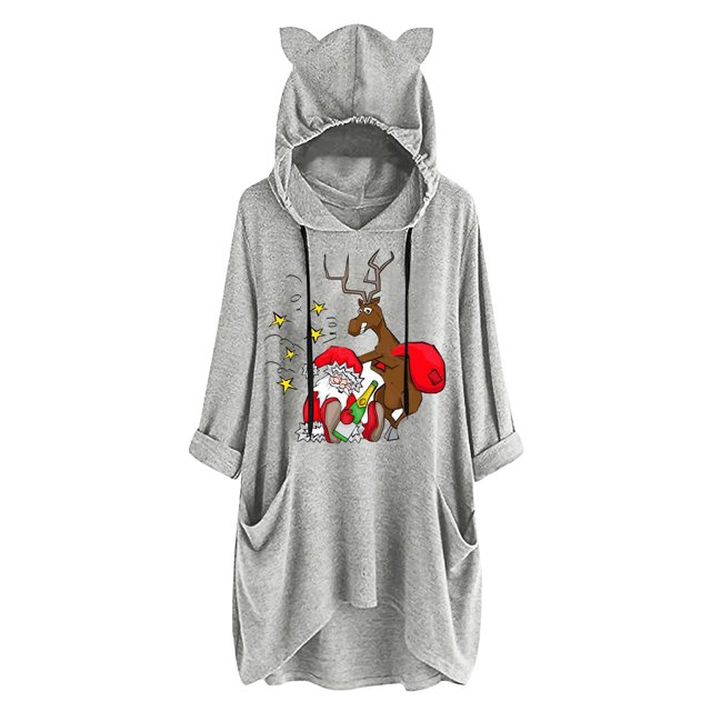 Top de manga larga con cuello redondo y capucha para mujer con estampado navideño y bolsillo suelto para mujer Pompotops FGAJ11242