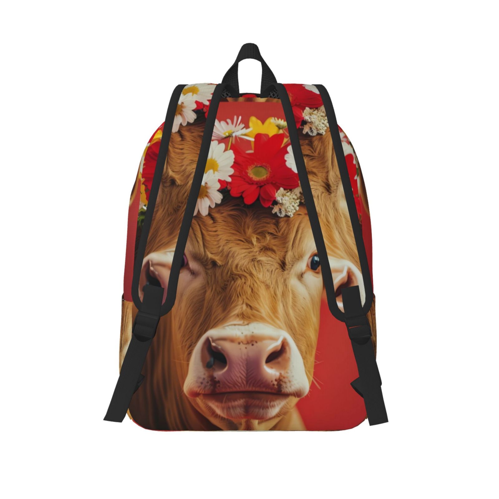 Picia White And Red Daisy Cow Printed Canvas Daypack - Stylish and Durable Vintage Compact Backpack - Class, Work, Travel, or Laptop Bookbag,Organized Compartments-Medium
