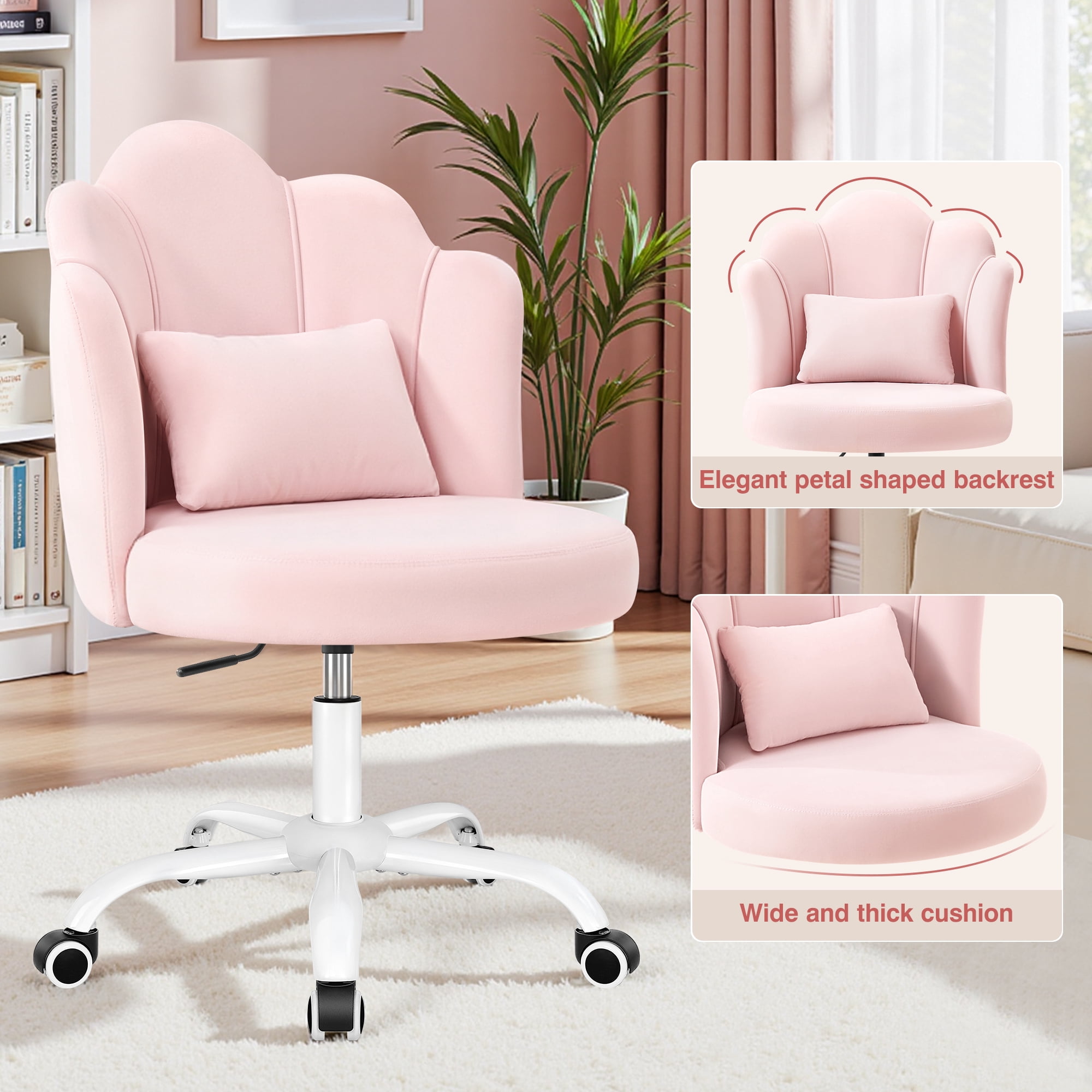 COOLHUT Vanity Chair, Velvet Petal Vanity Makeup Chair with Lumber Support, Home Office Desk Chair with Wheels, Height Adjustable Computer Work Chair for Bedroom, Living Room, Pink