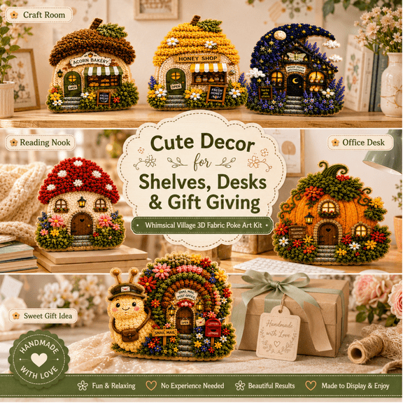 Whimsical Village 3D Fabric Poke Art Kit Complete Bundle, Pre-Cut Fabric and Wooden Tool for Instant 3D Textured Art without Sewing Skills-C
