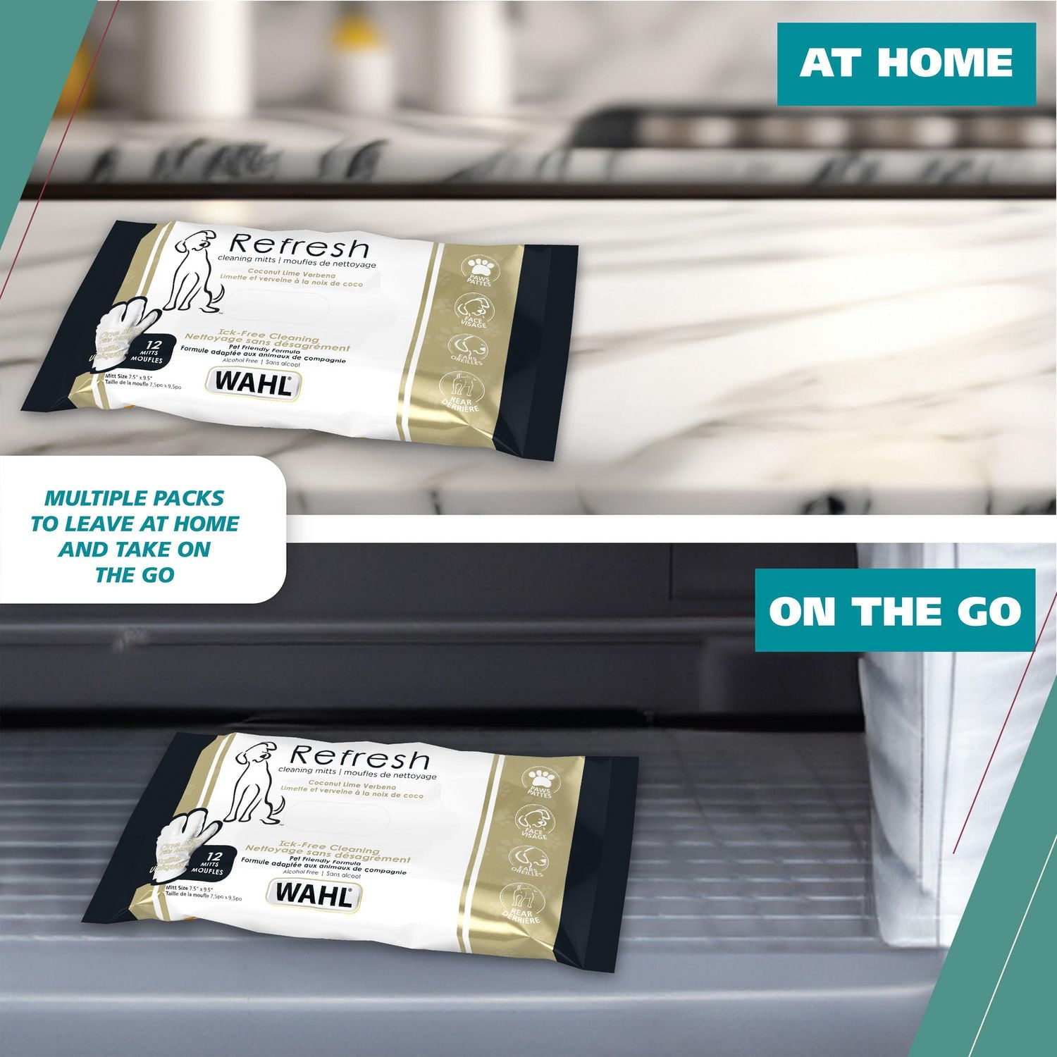 Wahl Mitt Wipes - 24-Count 3-Finger Dog Wipes with Oatmeal, Aloe & Shea - Coconut Lime Scent - Model 58553, Mitt Wipes for Dogs