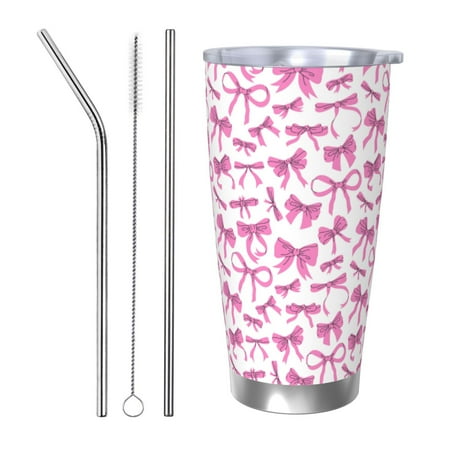 

Ocsxa Pink bows Pattern 20oz Travel Coffee Mug with Flip Lid Stainless Steel Insulated Insulated Coffee Mug Thermal Cup with Splash Proof Sliding Lid-Straw Three-piece Set