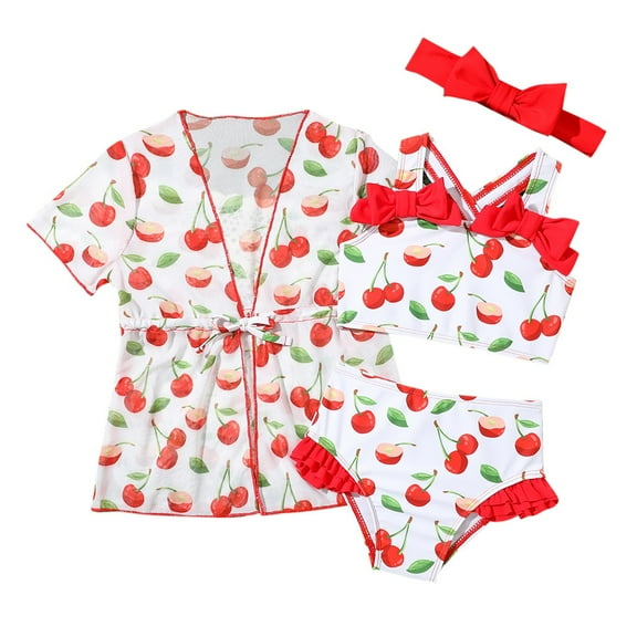 Rhuody Baby Swimsuit Girl 9-12 Months Three Pieces Swimwear Sleeveless Floral Graphic Prints Bikini Sets Sport Bathing Suits Soft Playsuit Red