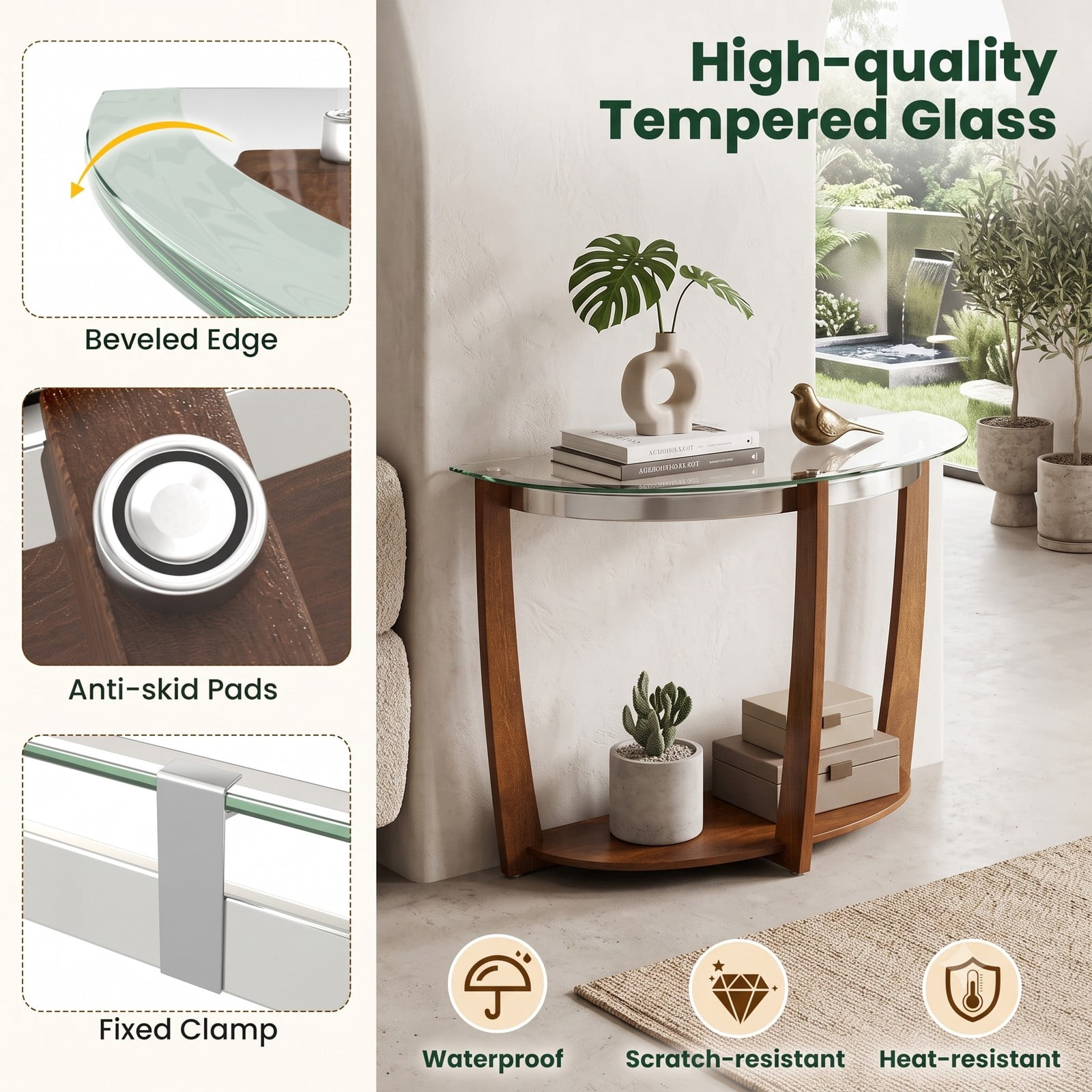 Furnibear 2-Tier Tempered Glass Console Table, Half-Moon Sofa Entryway Table with Open Storage Shelf and Solid Wood Legs for Living Room Hallway, Walnut