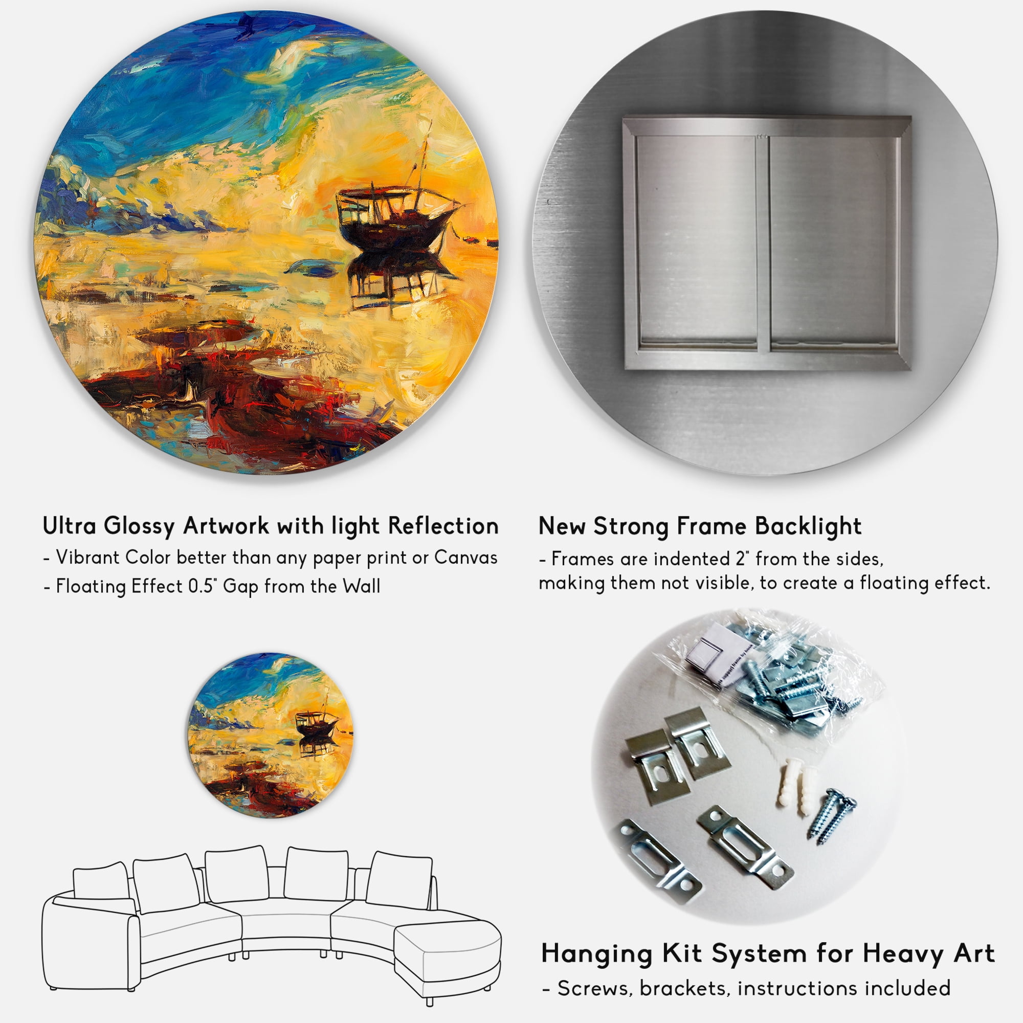 Designart 'Abstract Boat At The Ocean Horizon During Sunset' Nautical & Coastal Circle Metal Wall Art 11x11 - Disc of 11