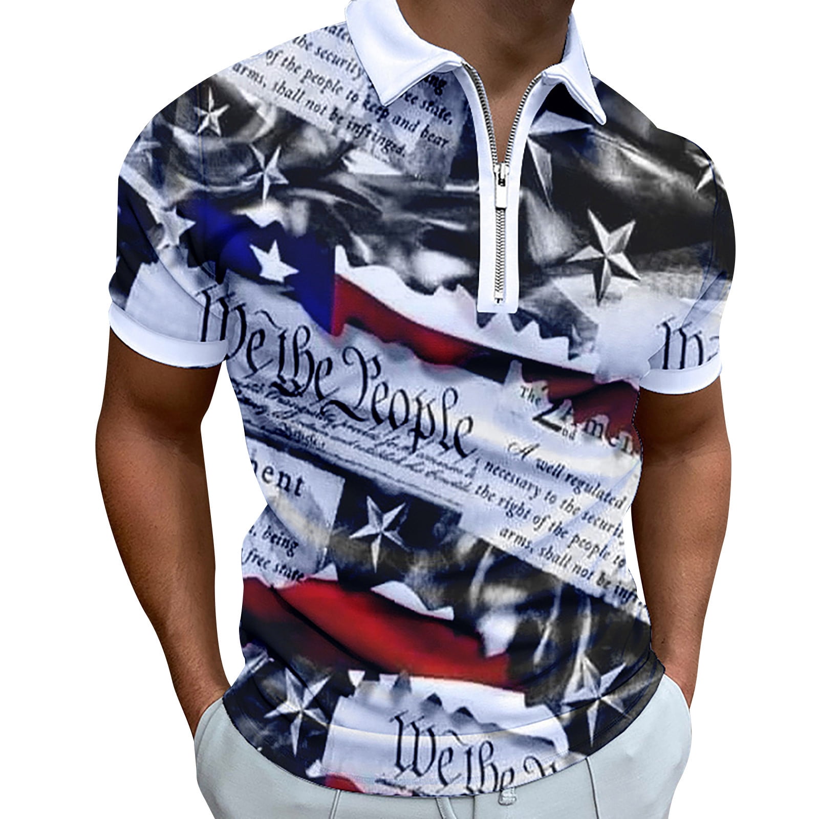 TOWED22 Polo Shirts for Men Slim Fit Male Summer Independence Day Zipper Tops Holiday Celebration Full Print Blouse Grey L