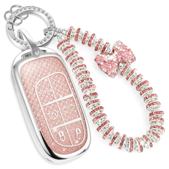 for Jeep Key Fob Cover with Fashionable Zirconia Wristlet KeyChain, Enchanting Diamond Patterns Soft Case for Grand Cherokee Renegade Dart