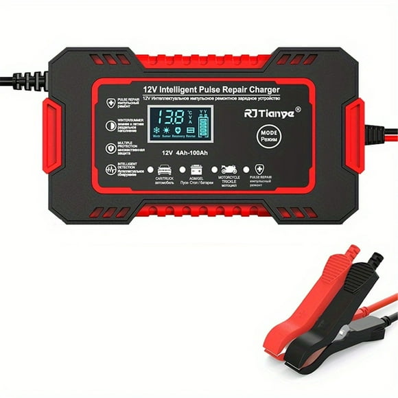 TFixol 12V Smart Car Battery Charger with LCD Display, Temperature Compensation, and Pulse Repair for AGM, GEL, SLA, Wet Batteries (4-100Ah) - US Plug, Red