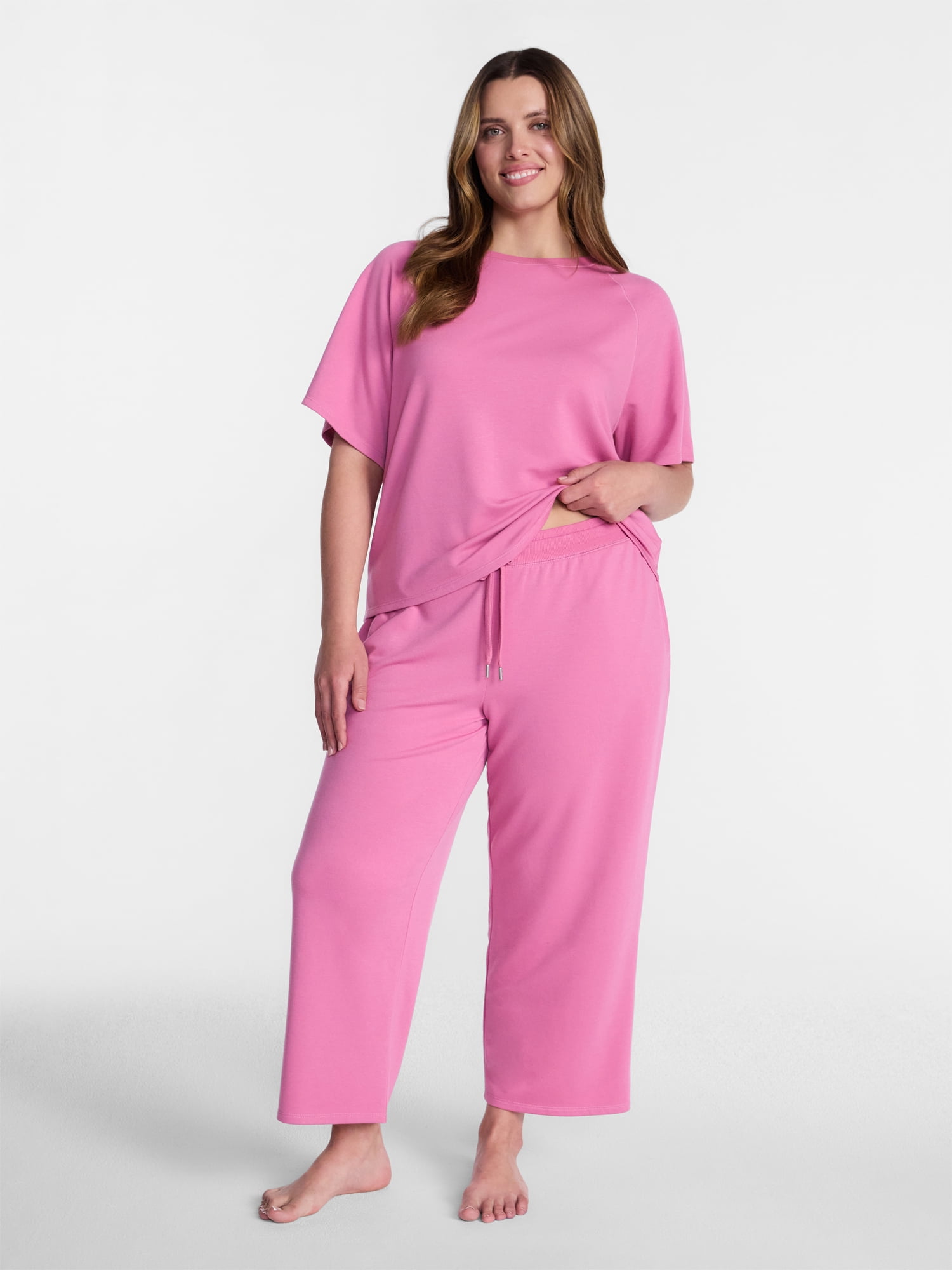 Joyspun Women's French Terry Lounge Sleep Short Sleeve Top and Capri Pants Set, 2 Piece, Sizes XS-3X