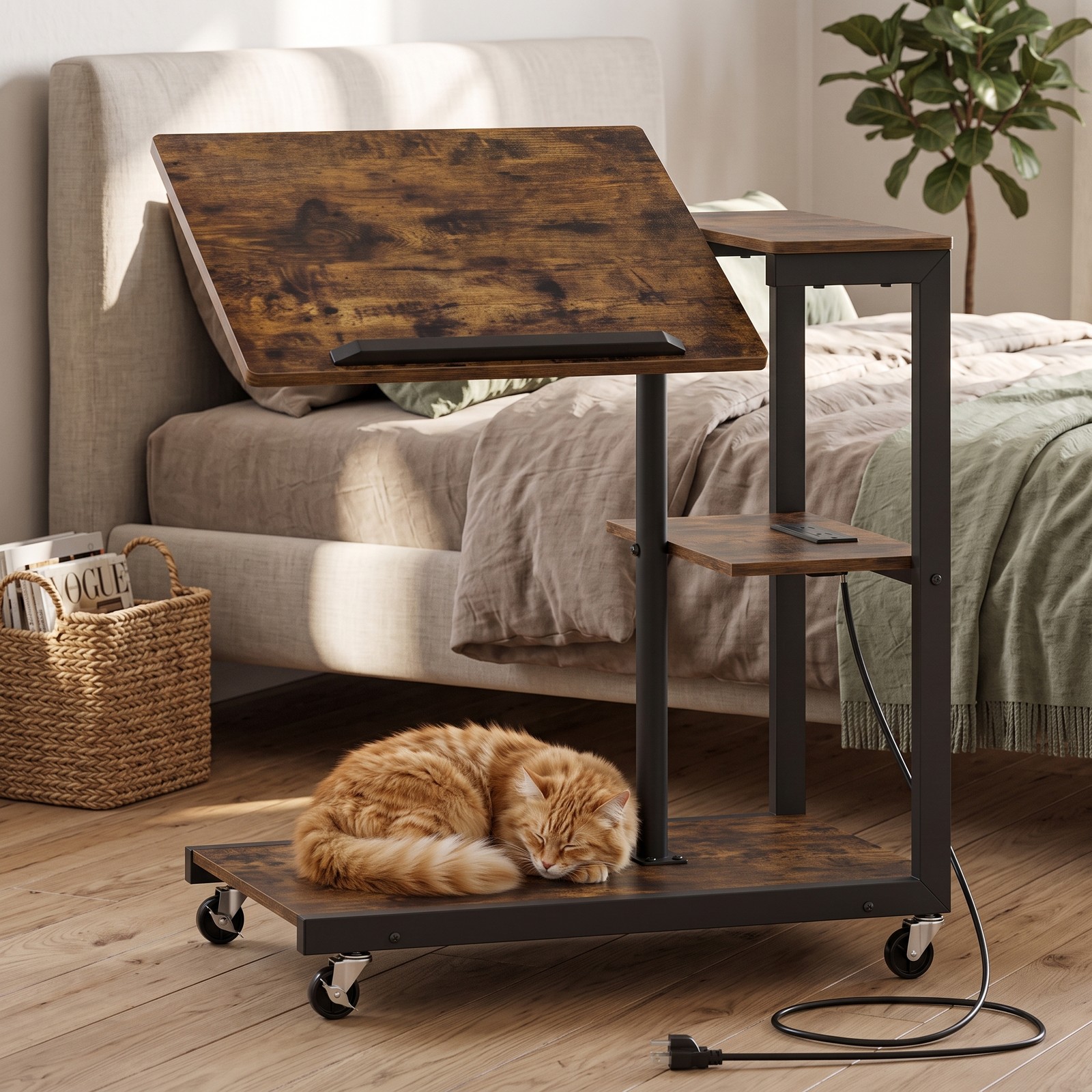 Furnibear 3-Tier Mobile Couch Side Table with Charging Station, Height Adjustable C-Shaped Sofa End Table with Tiltable Tabletop, 2 AC Outlets, Rustic Brown & Black