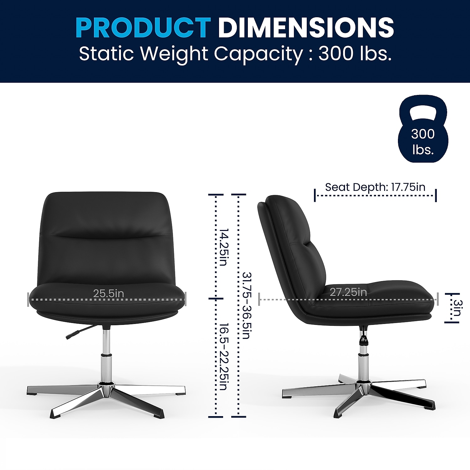 Flash Furniture Commercial Wide Mid-Back Black Padded LeatherSoft Armless Stationary Task Office Chair with Adjustable Height, Swivel Function, and Chrome Frame