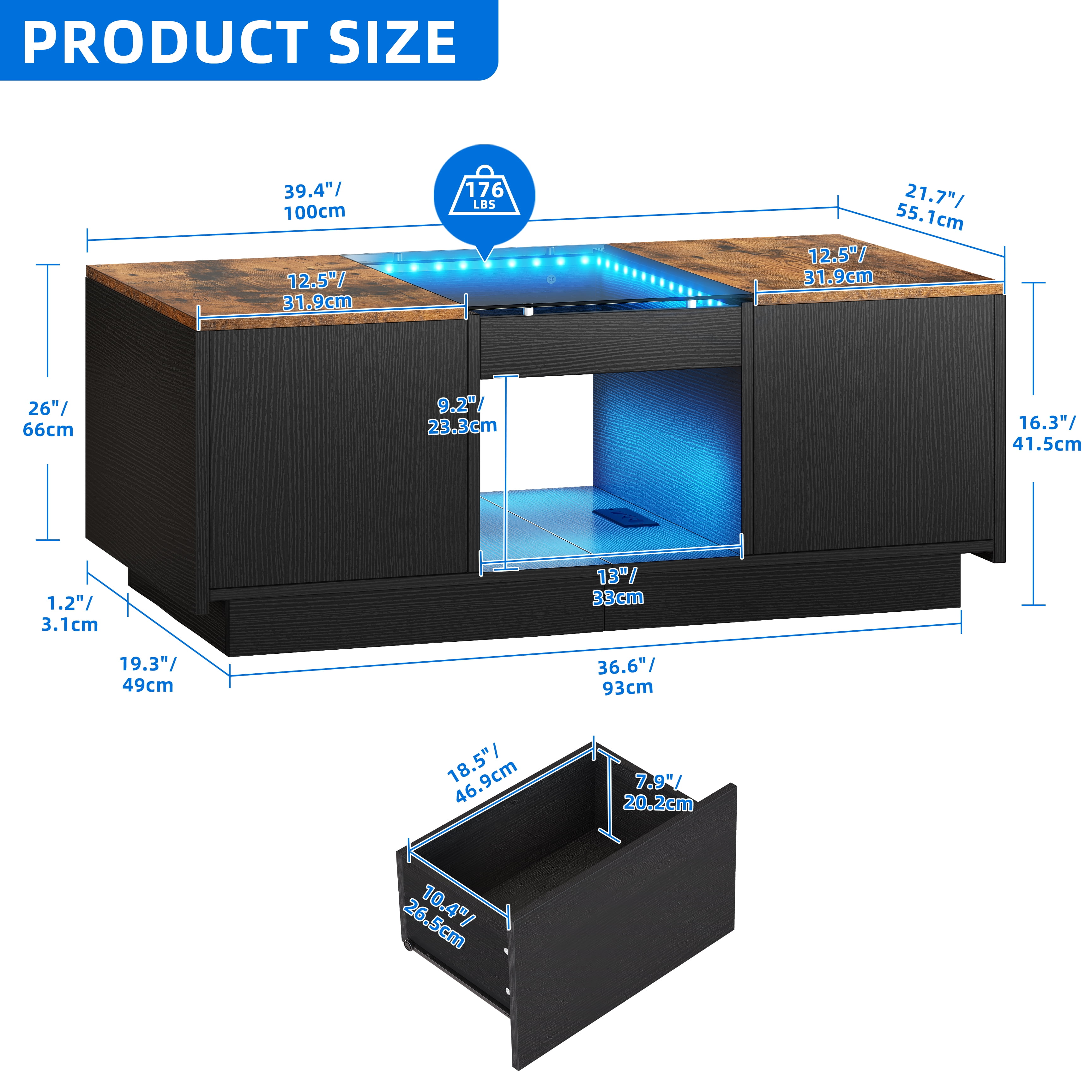 Dextrus Modern LED Coffee Table, Brown Coffee Table with Storage, Large Living Room Center Tables, 2 Tiers and 2 Drawers