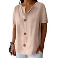 thumbnail image 5 of Yigetop Cotton Linen Tops for Women, Linen Shirts for Women Summer Cotton Linen V Neck Short Sleeve Tops Loose Vacation Beach Solid Blouses Tunic Tops Linen Tops for Women Loose Fit Rose Gold L, 5 of 10