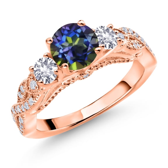 Gem Stone King 18K Rose Gold Plated Silver Blue Mystic Topaz White Created Sapphire and White Moissanite Engagement Ring for Women (1.53 Cttw, Gemstone, Round 6MM and 3MM, Size 8)