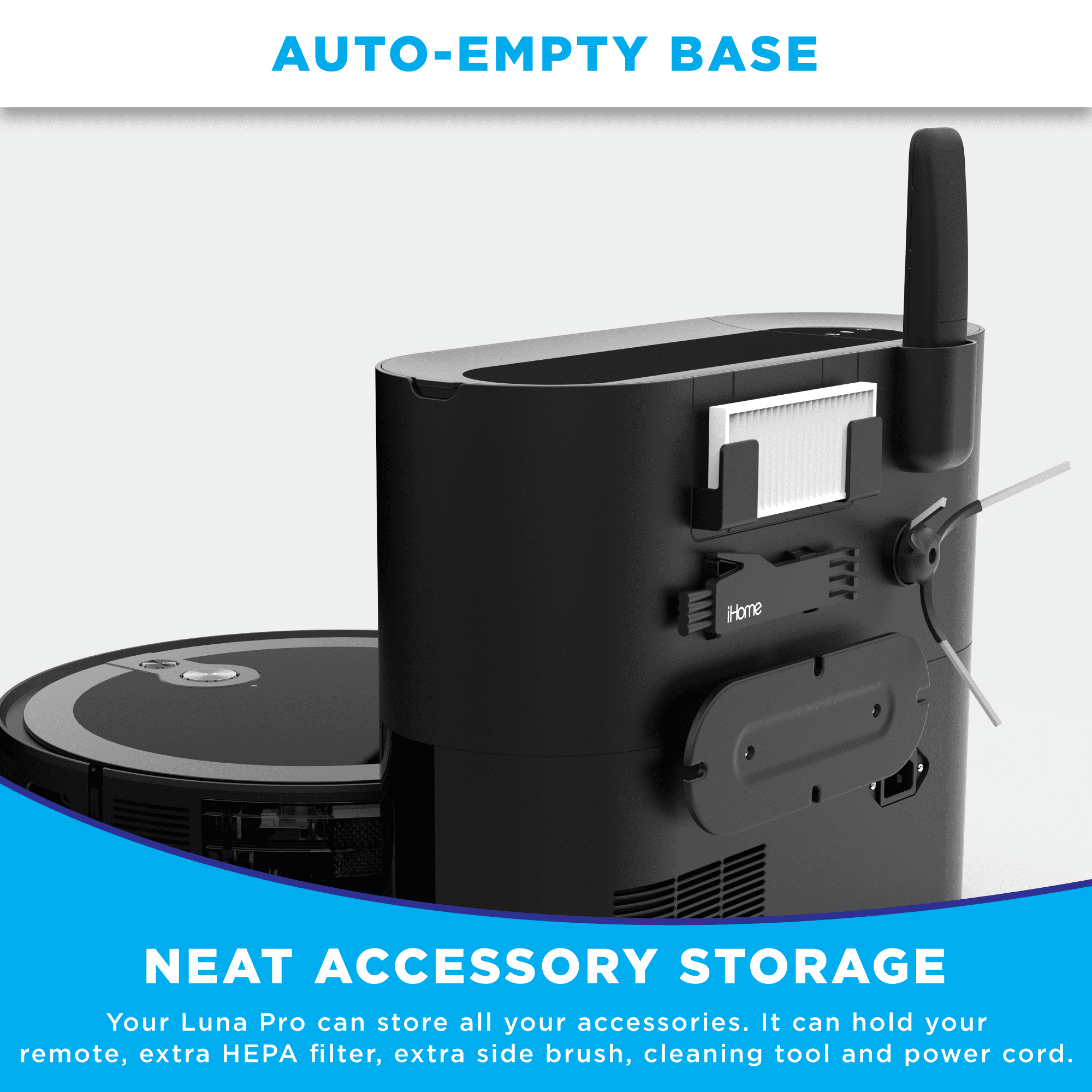 iHome AutoVac Luna Pro New 3-in-1 Robot Vacuum and Vibrating Mop with Auto Empty Base, Self-Emptying, Smart Mapping, Wi-Fi Connected, LIDAR Navigation, Mop Combo, Pet Hair, Hard Floor, Carpet