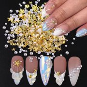 BZCOE 100Pcs Summer Starfish Nail Charms&Gems Starfish Seashell Rhinestones with Pearl Design Nail Jewelry Gold Nail Rhinestones Ocean Theme Style for Women Beach Vacation Diy Nail Parts