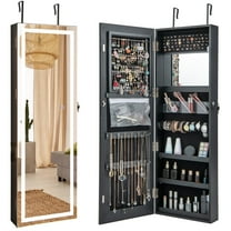 Giantex 47’’ Jewelry Cabinet w/LED Touch Screen Mirror, Wall/Door Mounted Full Length Mirror w/ 3-Color Lights, Lockable Jewelry Organizer Armoire (Black)