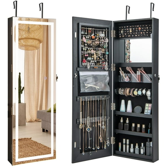 Giantex 47’’ Jewelry Cabinet w/LED Touch Screen Mirror, Wall/Door Mounted Full Length Mirror w/ 3-Color Lights, Lockable Jewelry Organizer Armoire (Black)