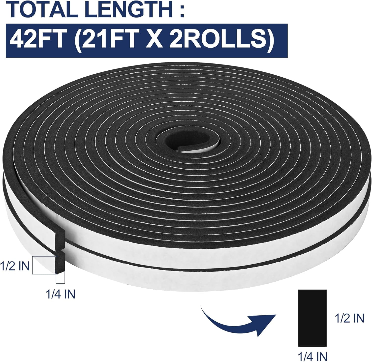 FRKSMD-42Ft Foam Tapes Self Adhesive Foam Seal Strips 1/2In x 1/4In x 21Ft Each Roll Weatherstrips High Resilience Weather Stripping Door Seals for Door Soundproofing, Window Insulation (2R, Black)