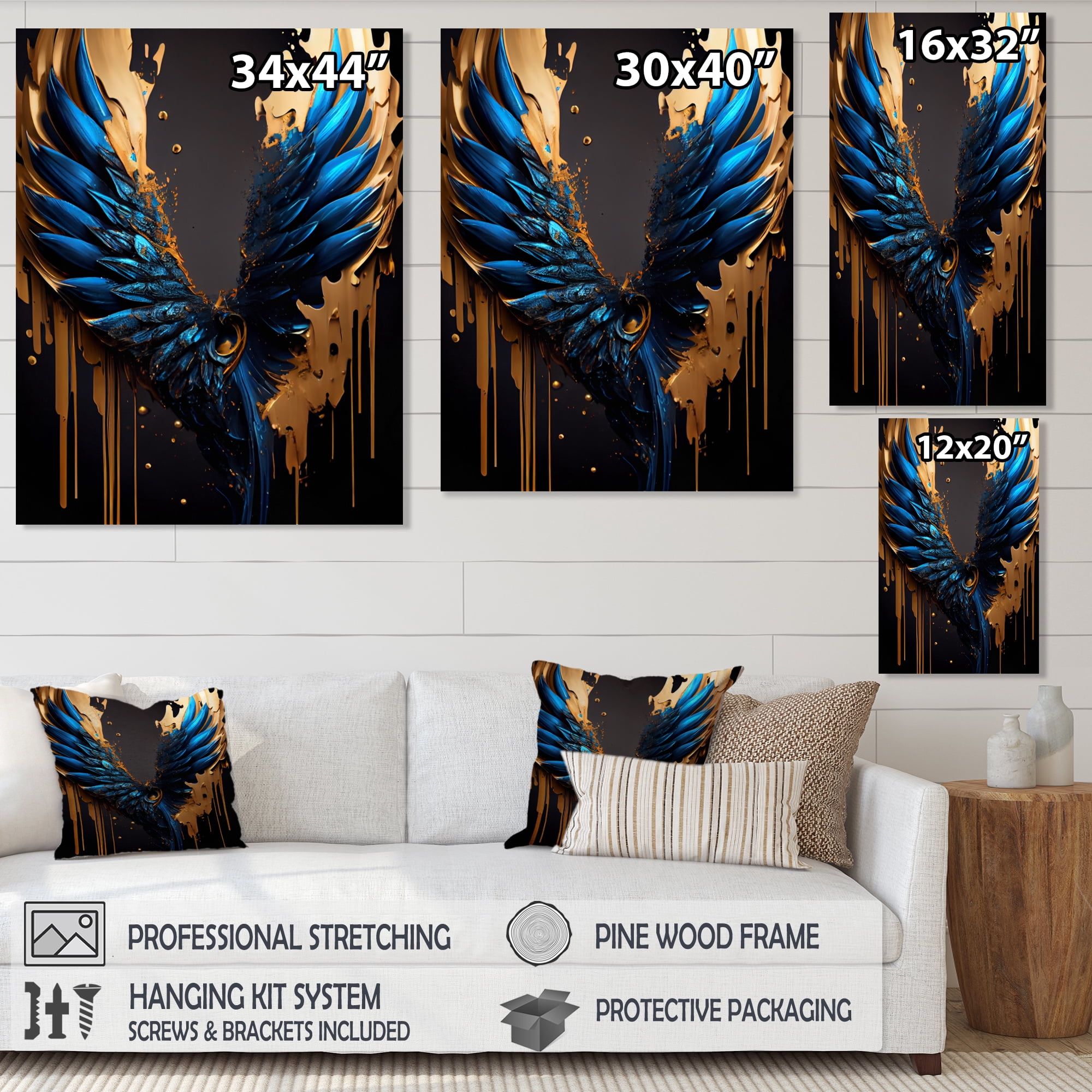 Designart Blue And Gold Angel Wings II Canvas Wall Art