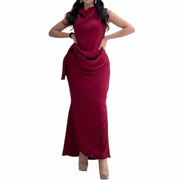 Women'S Summer Satin Dress Elegant Sleeveless Mock Neck Cocktail Party Maxi Dresses Wine Red S