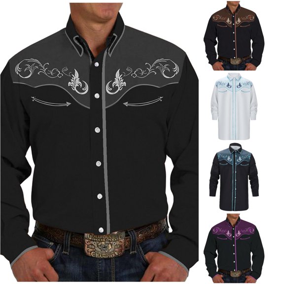 FINALGANG Mens Contrast Point Lapel Collar Button Floral Embroidery Western Cowboy Long Sleeve Shirt Regular Fit Outdoor Retro Casual Tops Versatile Top Grey S