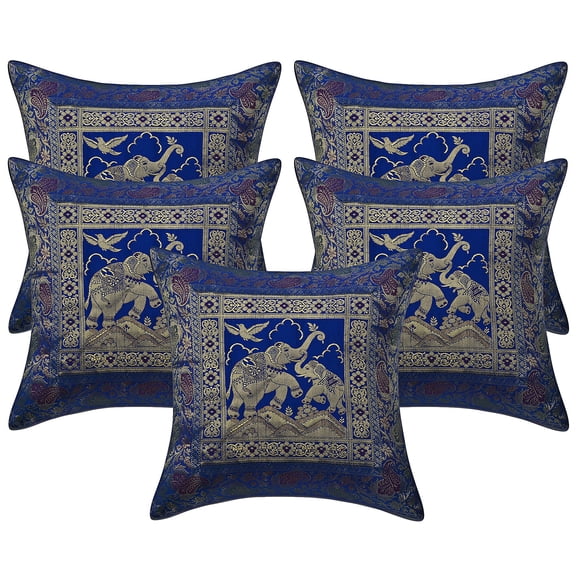 Stylo Culture Indian Decorative Throw Pillow Covers 16 x 16 Jacquard Blue Square 40 x 40 cm Home Decor Brocade Elephant Zippered Cushion Covers | Set Of 5