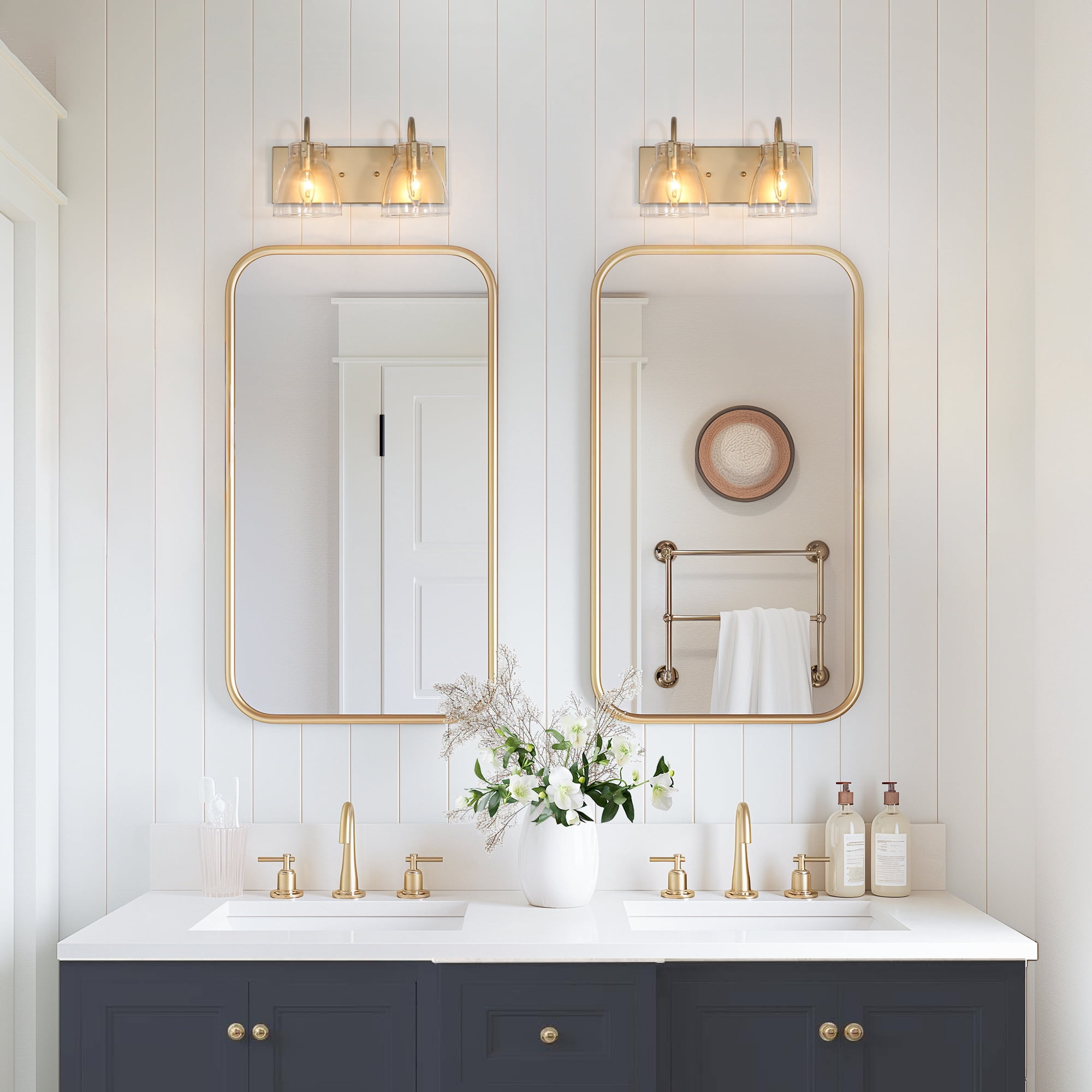 LNC 2-Light Gold Cylinder Clear Glass Modern Bathroom Vanity Lighting Fixutre