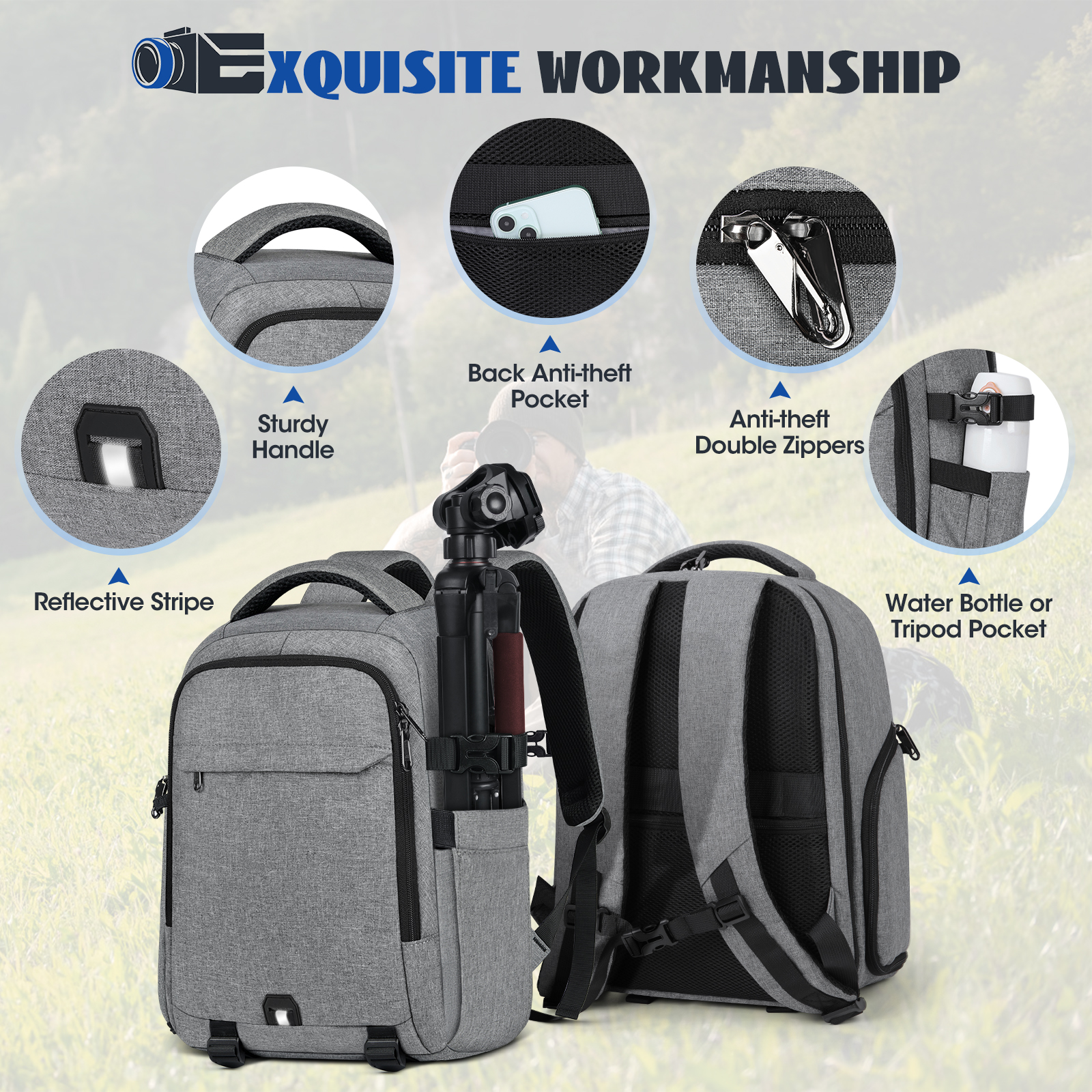 RAINSMORE Camera Backpack Camera Bag for Photographers DSLR SLR Mirrorless Camera Cases with Waterproof Rain Cover & Laptop Compartment Fits 14 Inch Laptop,Anti Theft Travel photography backpack,Gray