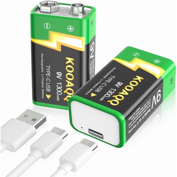 2-PCS Rechargeable 9V Batteries, High Capacity 1300mAh 9 Volt Lithium-ion Long Lasting Power, with